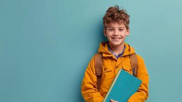 Smiling Boy Holding Books in Yellow Jacket photo