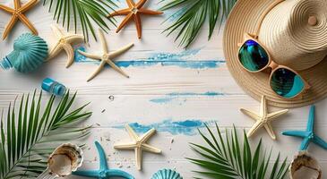 Summer Beach Accessories on Whitewashed Wood photo