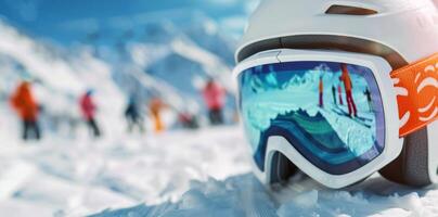 Close Up Of Skier's Goggles On Snowy Mountain photo