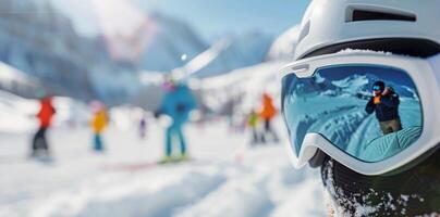 Close Up Of Skier's Goggles On Snowy Mountain photo