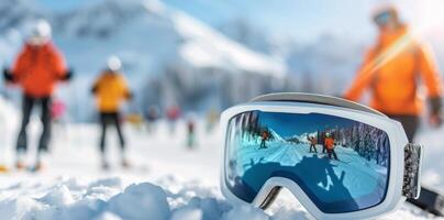 Close Up Of Skier's Goggles On Snowy Mountain photo