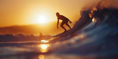 Surfer Riding Wave at Sunset photo