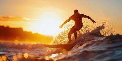 Surfer Riding Wave at Sunset photo