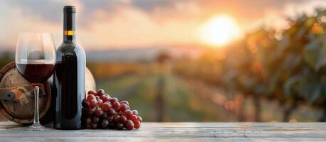 Wine Bottle and Glass at Sunset in Vineyard photo