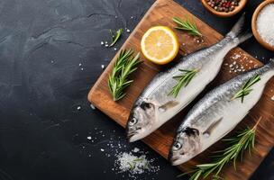 Fresh Fish On Cutting Board With Rosemary photo