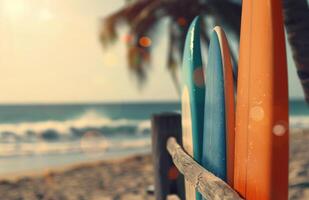 Surfboards Leaning on a Rail at Sunset photo