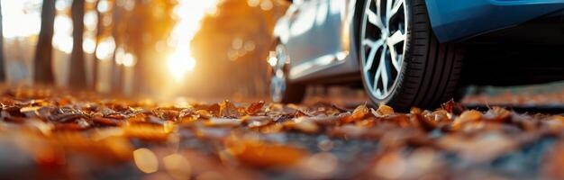 Car Tire on Autumn Leaves photo