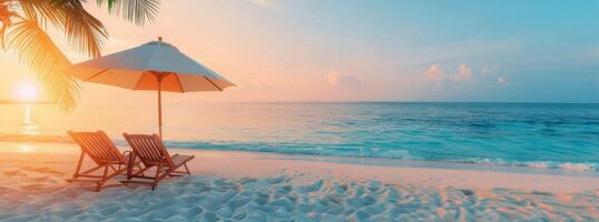 Tropical Beach Sunset With Palm Tree and Lounge Chairs photo