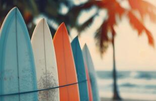 Surfboards Leaning on a Rail at Sunset photo