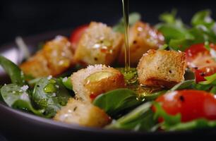 Olive Oil Drizzled Salad With Croutons photo