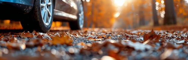 Car Tire on Autumn Leaves photo