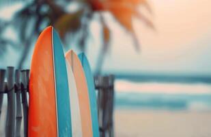Surfboards Leaning on a Rail at Sunset photo