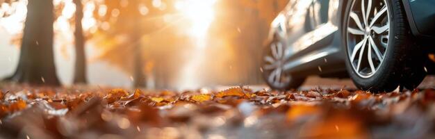 Car Tire on Autumn Leaves photo