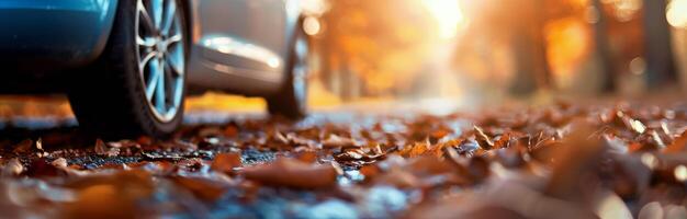 Car Tire on Autumn Leaves photo