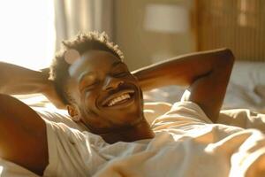Man Waking up in the Morning, Sun Shines From the Apartment Window in Bedroom, photo