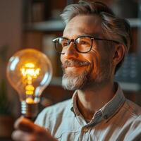 Happy businessman looking at light bulb in office. photo