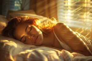 woman sleeping in white bed in daylight. photo