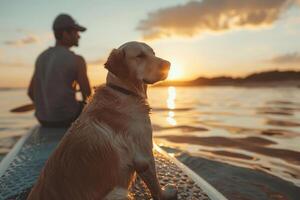 man sitting on sup board with golden retriever dog. photo