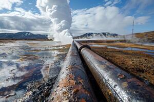 Aerial view to geothermal power plant in mountain. Clean green renewable energy. photo