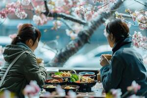 couple eating bento sitting under sakura tree in Japan. photo