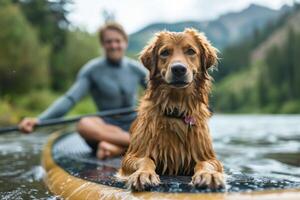 man sitting on sup board with cute dog. photo