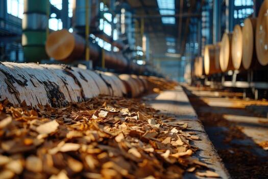 A pile of wood chips, in the background a part of a yellow large wheel of a loader for its transport. photo