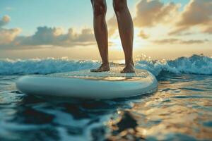 woman sitting on sup board . photo