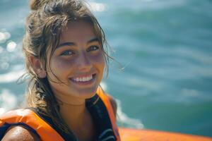 woman sitting on sup board . photo