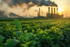 green field and power plant symbolizing the shift towards sustainable eco-friendly technologies. photo