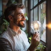 Happy businessman looking at light bulb in office. photo