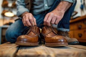 man repairing shoes at home. changing shoelaces. giving old clothes new life. photo