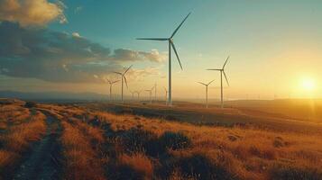 modern windmills in field . photo