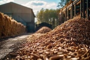 A pile of wood chips, in the background a part of a yellow large wheel of a loader for its transport. photo