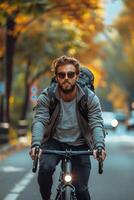 man riding electric scooter in the street. photo