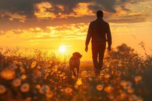 young man with his dog are running in nature. photo