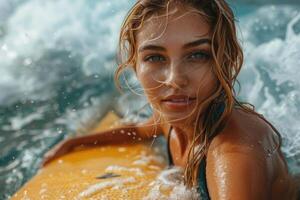 woman sitting on sup board . photo