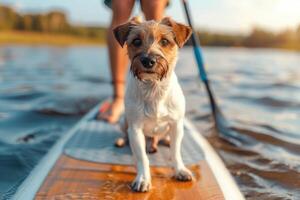 man sitting on sup board with cute dog. photo