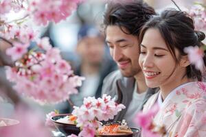 couple eating bento sitting under sakura tree in Japan. photo