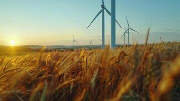 modern windmills in field . photo