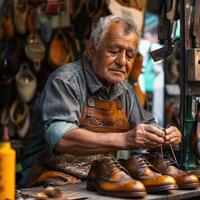 man repairing shoes at home. changing shoelaces. giving old clothes new life. photo
