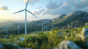 modern windmills in field . photo