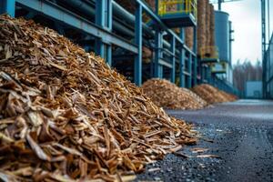 A pile of wood chips, in the background a part of a yellow large wheel of a loader for its transport. photo
