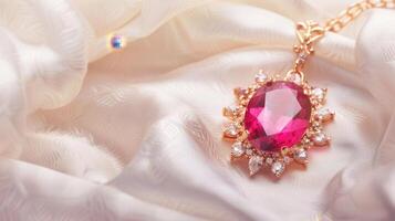 A pink gemstone with a gold chain is on a white cloth photo