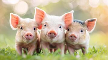 Three baby pigs are standing in a field of grass photo