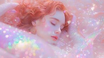 A woman is sleeping in a bathtub filled with bubbles photo