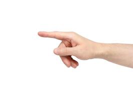 Man's hand pointing to something with her index finger isolated on white background. Close up. photo