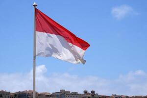 The flag of Monaco waving in the wind in front of a blue sky photo