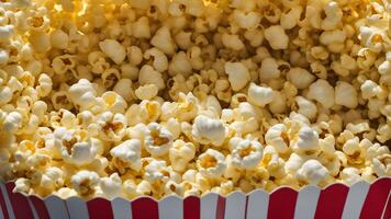 Macro shot of Popcorn in paper box Close up of products made from corn as raw material by heat cook photo