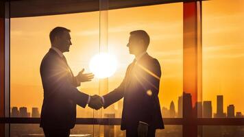 Silhouette businessman handshake with conversation pose against big sunrise and building background. concept of business success, decision, partnership, cooporate, teamwork photo