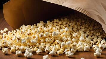 Popcorn in paper bag with popcorn scattered on wooden table. Close up of products made from corn as raw material by heat cook photo